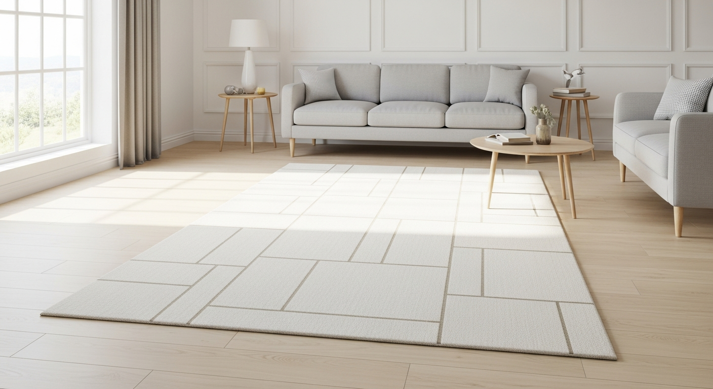 Cream minimalist rug with linear relief pattern in modern living room