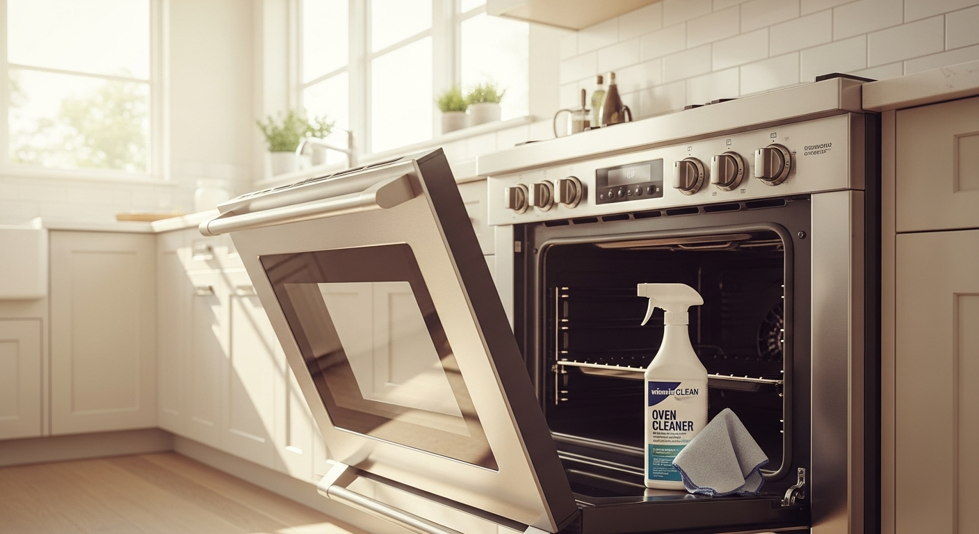 winwinCLEAN Oven & Grill Cleaner gel bottle with application brush on kitchen counter