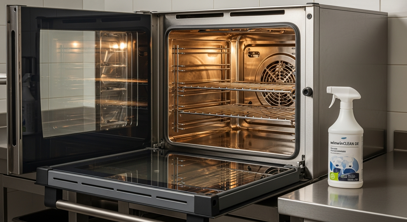 Professional chef cleaning commercial oven with gel cleaner product