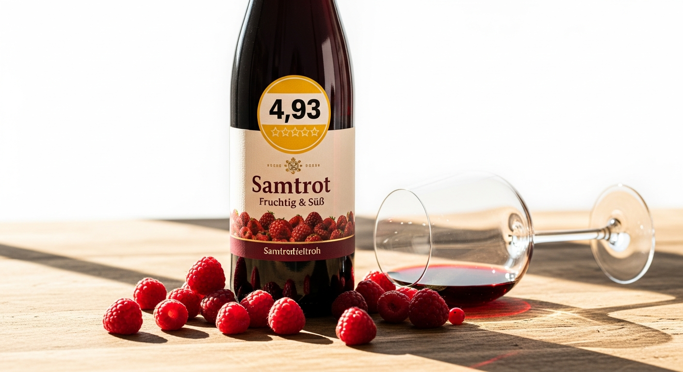 Felsengartenkellerei Besigheim Samtrot Fruchtig Süß red wine bottle and glass